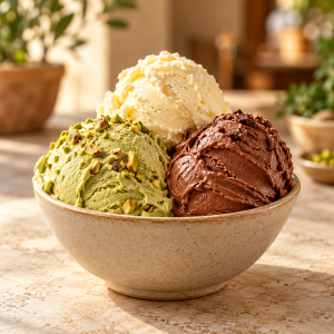 Pistachio, vanilla and chocolate gelato in a ceramic bowl